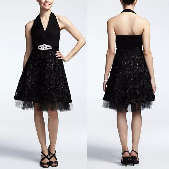 David's Bridal Cachet Halter Cocktail Dress US 6 Black Sliver Floral Lace Tulle - Picture 1 of 15